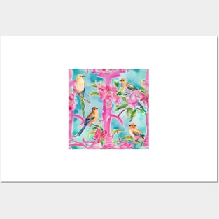 Pink and turquoise preppy birds on trellis watercolor Posters and Art